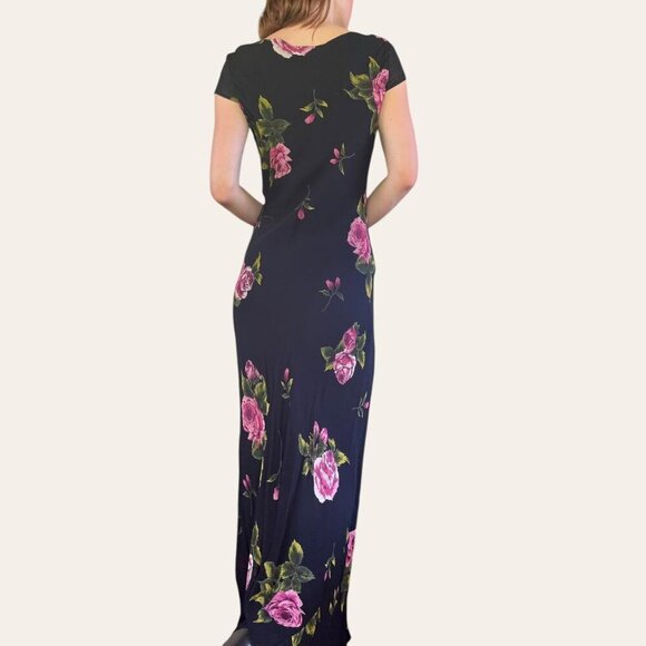 90s vintage floral chiffon square neck cap sleeve maxi dress black and pink XS/S - Picture 3 of 6